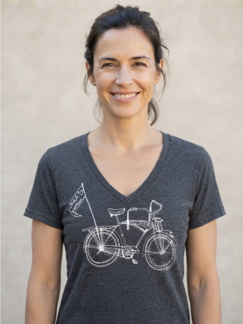 Soul Flower Road Warrior Charcoal V-Neck Tee with White Bicycle Graphic - Size M